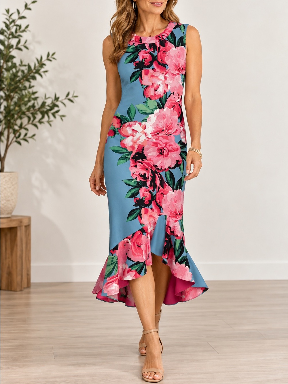 Vince Camuto Women’s Sz 6 Floral Flounce Bodycon Dress asymmetrical ruffled hem
